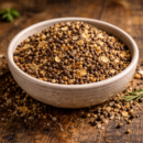 Bol de poivre noir et épices variées sur une table en bois, prêt pour la cuisine et l'assaisonnement des plats.