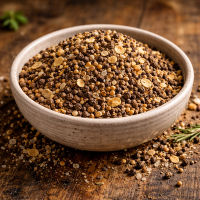 Bol de poivre noir et épices variées sur une table en bois, prêt pour la cuisine et l'assaisonnement des plats.