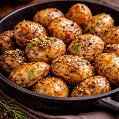 Pommes de terre rôties aux épices dans une poêle en fonte, garnies d'herbes et de grains de moutarde.