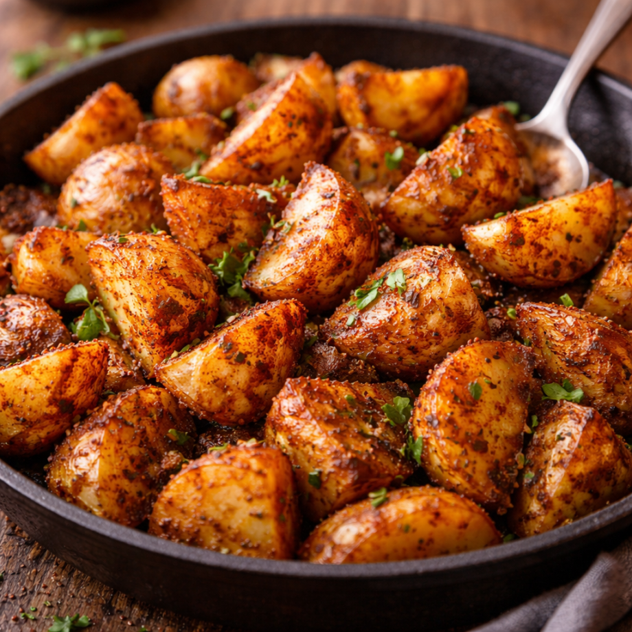 Pommes de terre rôties aux herbes et épices, servies dans une poêle noire. Parfaites pour un plat d'accompagnement savoureux.