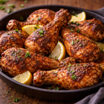 Pilons de poulet grillés épicés avec tranches de citron et persil frais, servis dans une poêle noire.