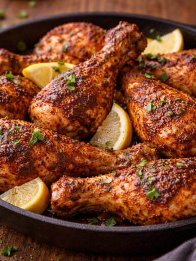 Pilons de poulet grillés épicés avec tranches de citron et persil frais, servis dans une poêle noire.