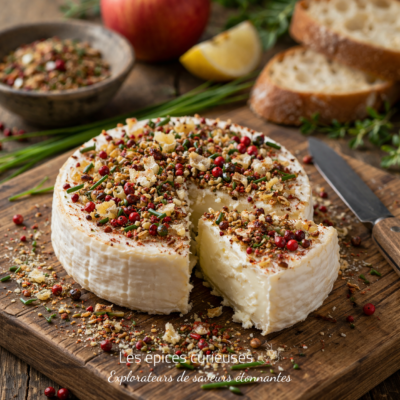 Fromage frais aux herbes, noix et poivre, servi sur planche en bois avec pain rustique et garnitures.