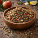 Bol de Dukkah épicé aux noix et herbes fraîchement préparé sur une table en bois rustique.