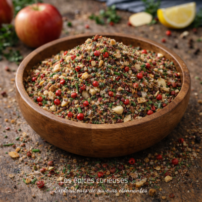 Bol de Dukkah épicé aux noix et herbes fraîchement préparé sur une table en bois rustique.