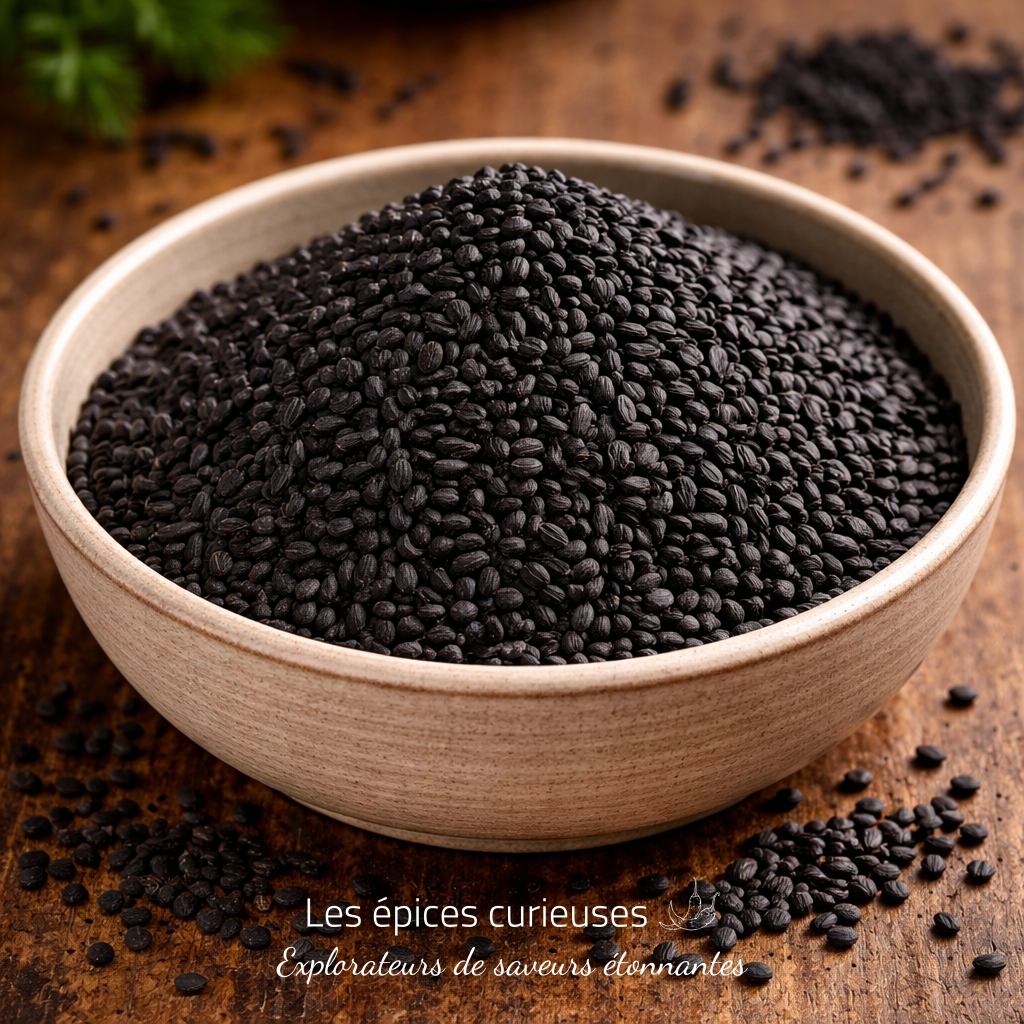 Bol de graines de basilic noir sur une table en bois pour des recettes saines et nutritionnelles.