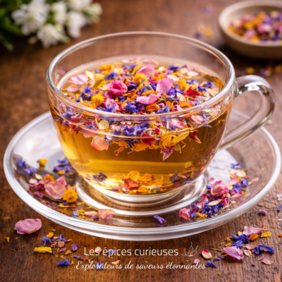 Tisane fleurie en tasse transparente, infusion colorée apaisante sur fond de bois rustique.