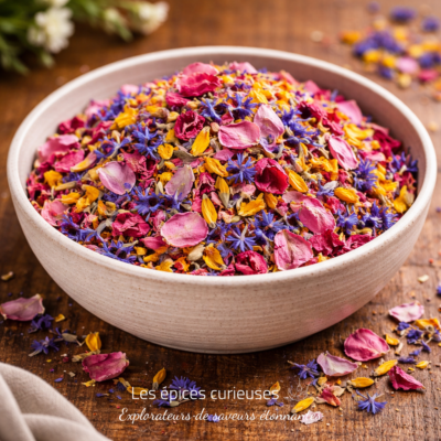 Bol de pétales de fleurs séchées colorées sur une table en bois, idéal pour la décoration ou l'aromathérapie.
