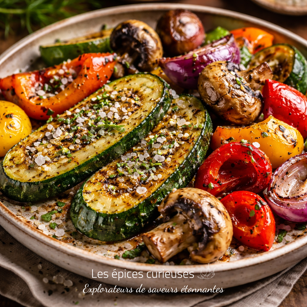 Assiette de légumes grillés : courgettes, poivrons, champignons et oignons rouges, assaisonnés et saupoudrés de sel.