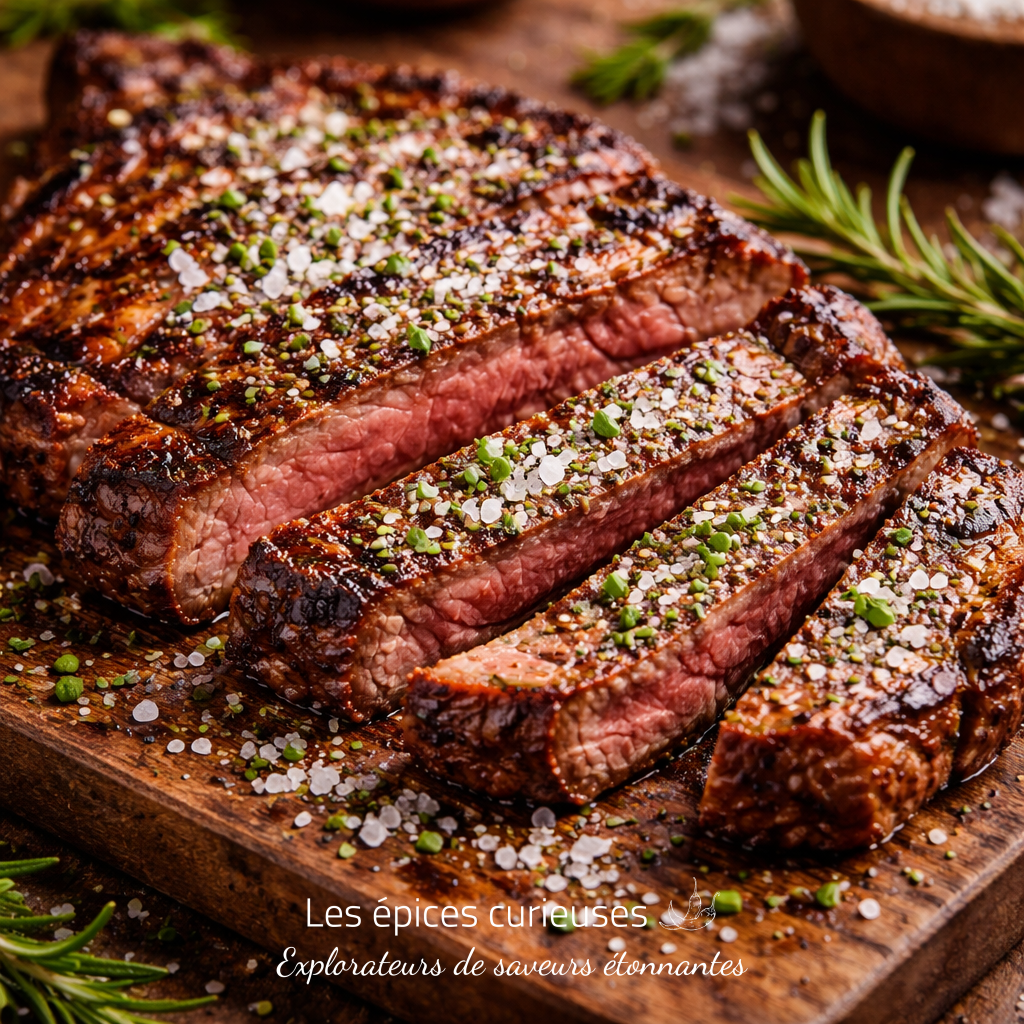 Steak grillé juteux, tranché et garni de sel et d'herbes fraîches, posé sur une planche en bois rustique.