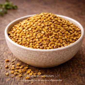 Bol de pollen d'abeille sur une table en bois, riche en nutriments et utilisé pour ses bienfaits pour la santé.