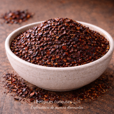 Bol de flocons de piment rouge broyés sur une table en bois, ajout épicé pour rehausser vos plats.