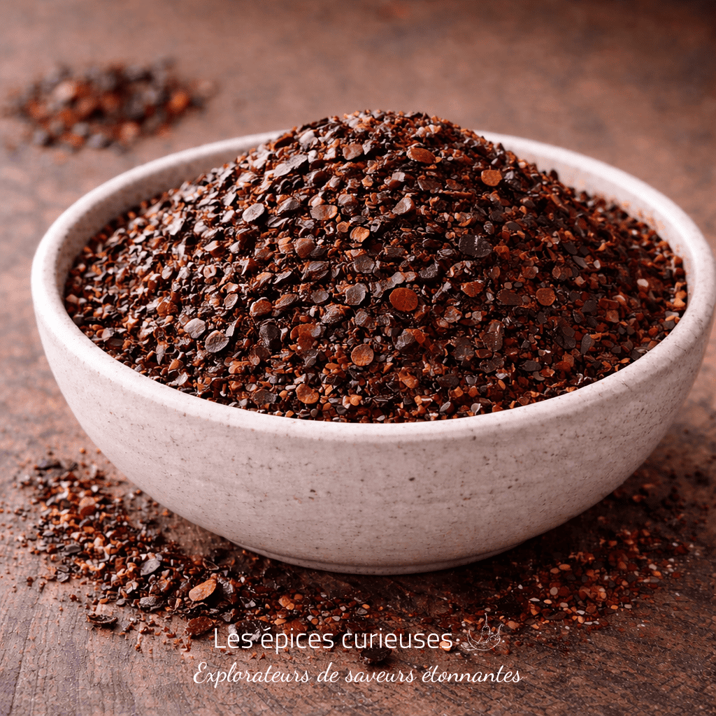 Bol de flocons de piment rouge broyés sur une table en bois, ajout épicé pour rehausser vos plats.