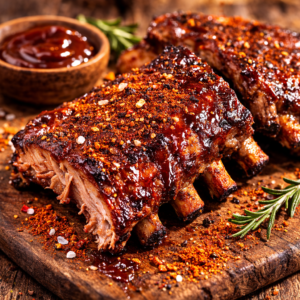 Côtes levées barbecue avec épices et sauce sur planche en bois, garnies de romarin.