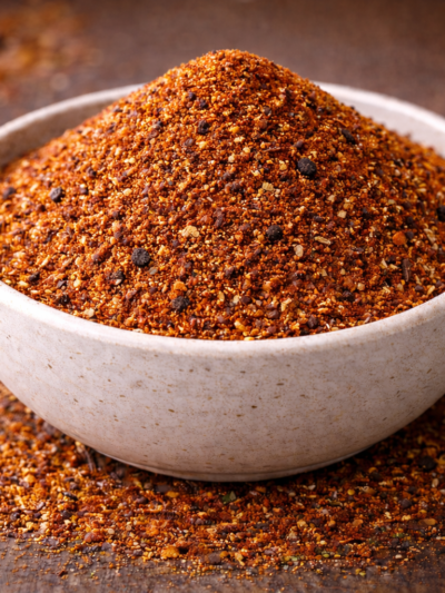 Bol de mélange d'épices rouges sur une table en bois, idéal pour rehausser les saveurs des plats.