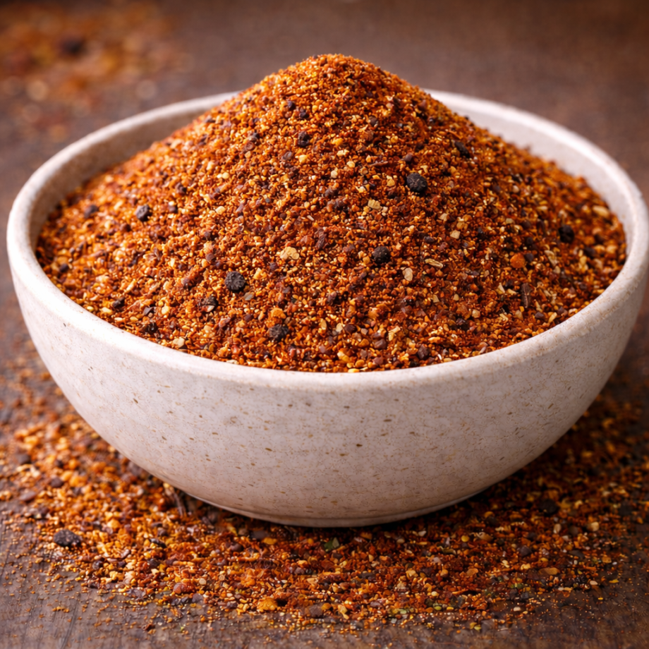 Bol de mélange d'épices rouges sur une table en bois, idéal pour rehausser les saveurs des plats.