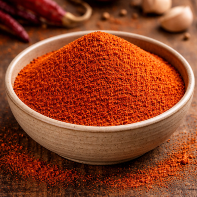 Bol de paprika en poudre sur une table en bois, avec des piments rouges et de l'ail en arrière-plan. Spécialité épicée.