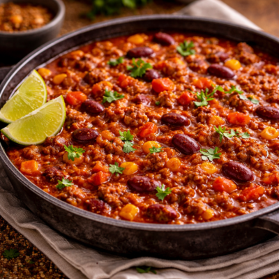 Chili con carne savoureux avec haricots rouges, maïs et citron vert, servi dans un bol en fonte sur une table rustique.
