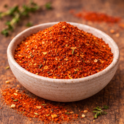 Bol de piment en poudre sur une table en bois, épice rouge vibrante avec des herbes en arrière-plan.
