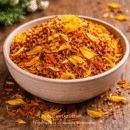 Bol de pétales de fleurs séchées colorées sur une table en bois, idéal pour infusions ou décorations naturelles.