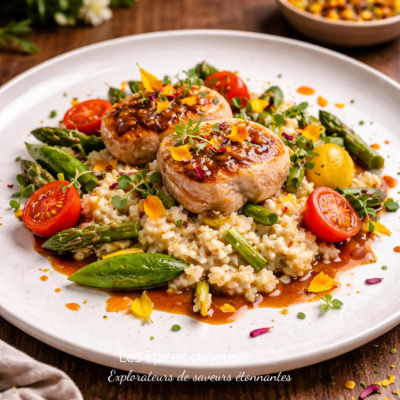 Plat gourmet : risotto crémeux avec médaillons de poulet, asperges, tomates cerises et sauce savoureuse, décoré de fleurs comestibles.