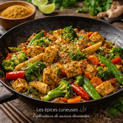 Plat coloré de légumes sautés au tofu et diverses épices, servi dans un wok.