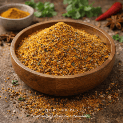 Bol en bois rempli d'épices multicolores, posées sur une table en bois rustique avec des herbes en arrière-plan.