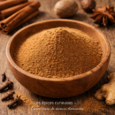 Bol en bois rempli de cannelle moulue sur table en bois, entouré d'épices comme clous de girofle et anis étoilé.