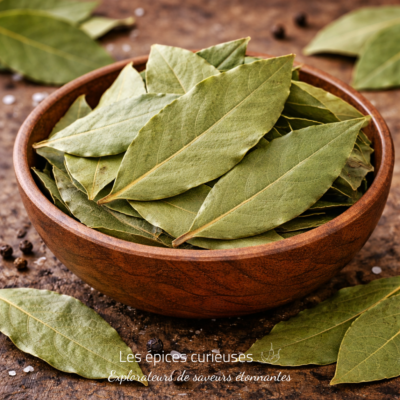 Bol en bois rempli de feuilles de laurier séchées, sur fond rustique avec grains de poivre noir et sel.