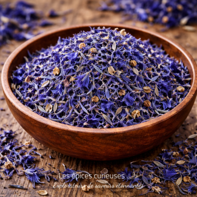Balcon de bleuets séchés pour infusion ou décoration culinaire.