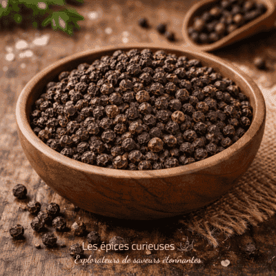 Poivre noir entier en grains, parfait pour la cuisine raffinée.