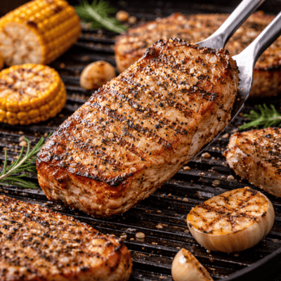Grillade de porc juteuse et assaisonnée avec maïs et ail rôti sur une plancha. Parfait pour un barbecue gourmand.