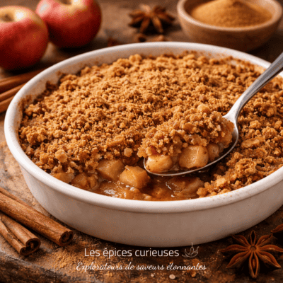 Délicieux crumble aux pommes sortant du four, parsemé de cannelle, prêt à être dégusté pour un dessert réconfortant.