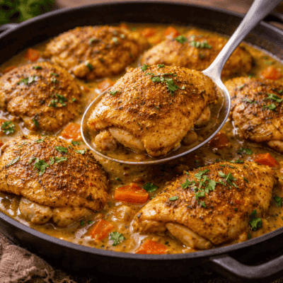 Poulet épicé mijoté avec carottes et herbes, servi dans une poêle pour un repas riche en saveurs.