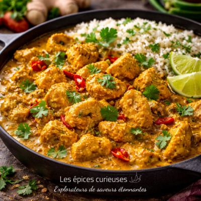 Plat de curry de poulet épicé avec riz, coriandre et lime, parfait pour un repas savoureux et exotique.