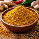 Bol d'épices colorées sur table en bois avec ingrédients frais en arrière-plan.