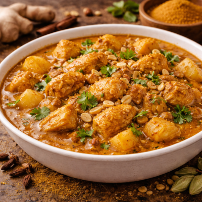 Curry de poulet épicé avec pommes de terre, cacahuètes et coriandre fraîche, servi dans un bol en céramique.