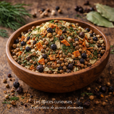 Bol en bois de baies de genièvre et herbes séchées sur une table rustique en bois.
