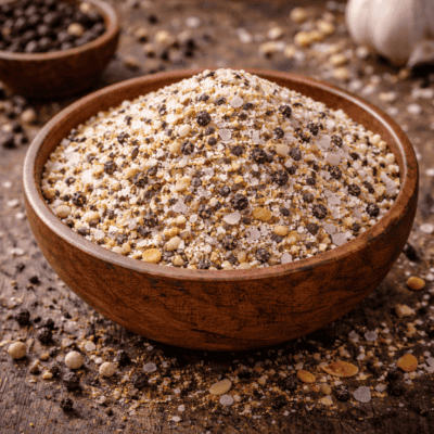 Mélange épicé de sel et poivre dans un bol en bois sur une table rustique, grains de poivre et texture granulée.