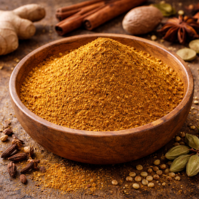 Bol de poudre de curry sur table rustique, entouré d'épices entières, gingembre et cannelle.