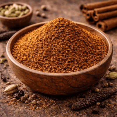 Bol de garam masala épicé sur fond rustique avec cardamome, cannelle et poivre noir. Saveurs intenses pour vos plats.