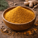 Bol en bois rempli de massala épicé sur une table en bois, entouré de gingembre et de graines variées.