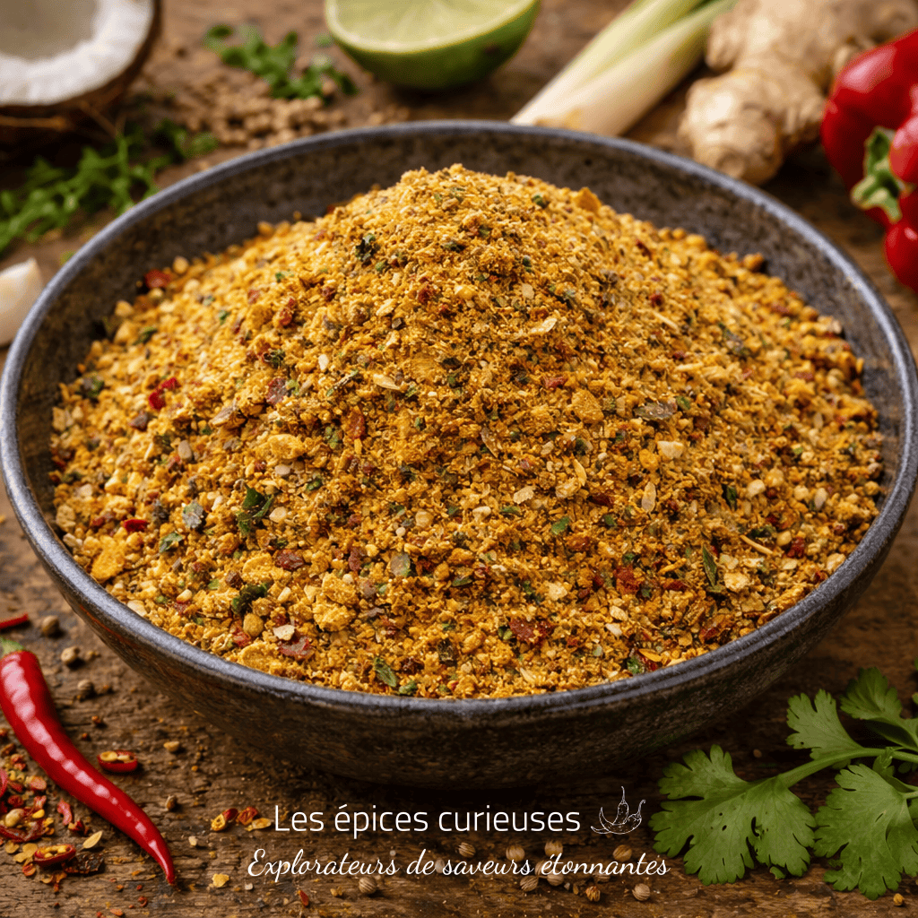 Mélange d'épices coloré dans un bol en céramique sur table en bois, entouré d'ingrédients frais et aromatiques.