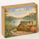 Boîte cadeau avec illustration champêtre: rivière, château, fleurs et message Merci pour cette belle année.