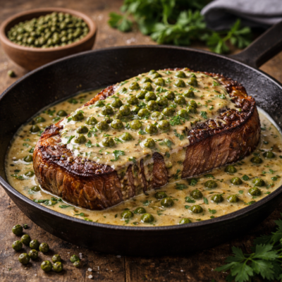 Steak au poivre servi avec une sauce crémeuse et des grains de poivre vert dans une poêle en fonte.