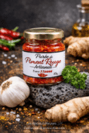 Pot de purée de piment rouge artisanal épicée 550.000 SHU avec ail, gingembre et persil en arrière-plan.