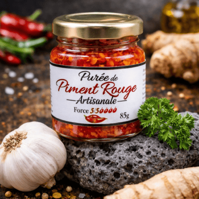 Pot de purée de piment rouge artisanal épicée 550.000 SHU avec ail, gingembre et persil en arrière-plan.