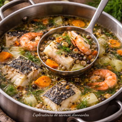 Assiette de poisson et crevettes mijotés aux légumes, garnie d'aneth et de poivre dans une casserole en acier inoxydable.