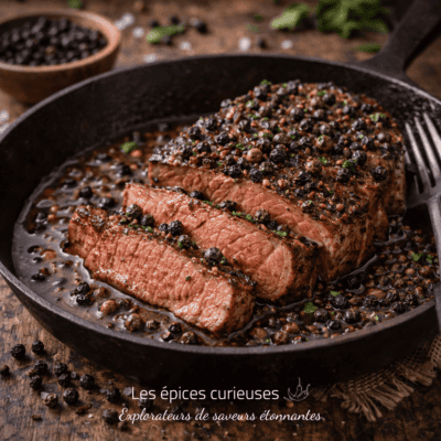 Steak au poivre juteux dans une poêle, tranches coupées, assaisonné de grains de poivre et herbes aromatiques.