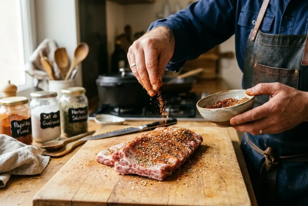 Application d'un rub maison sur travers de porc